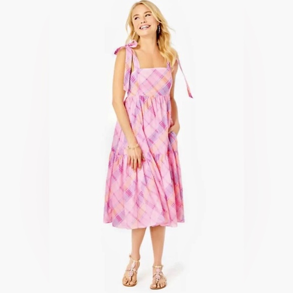 Lilly Pulitzer Dresses & Skirts - NWT Lilly Pulitzer Anlee Cotton Midi Dress Pink Isle Madras Plaid Tier | 4